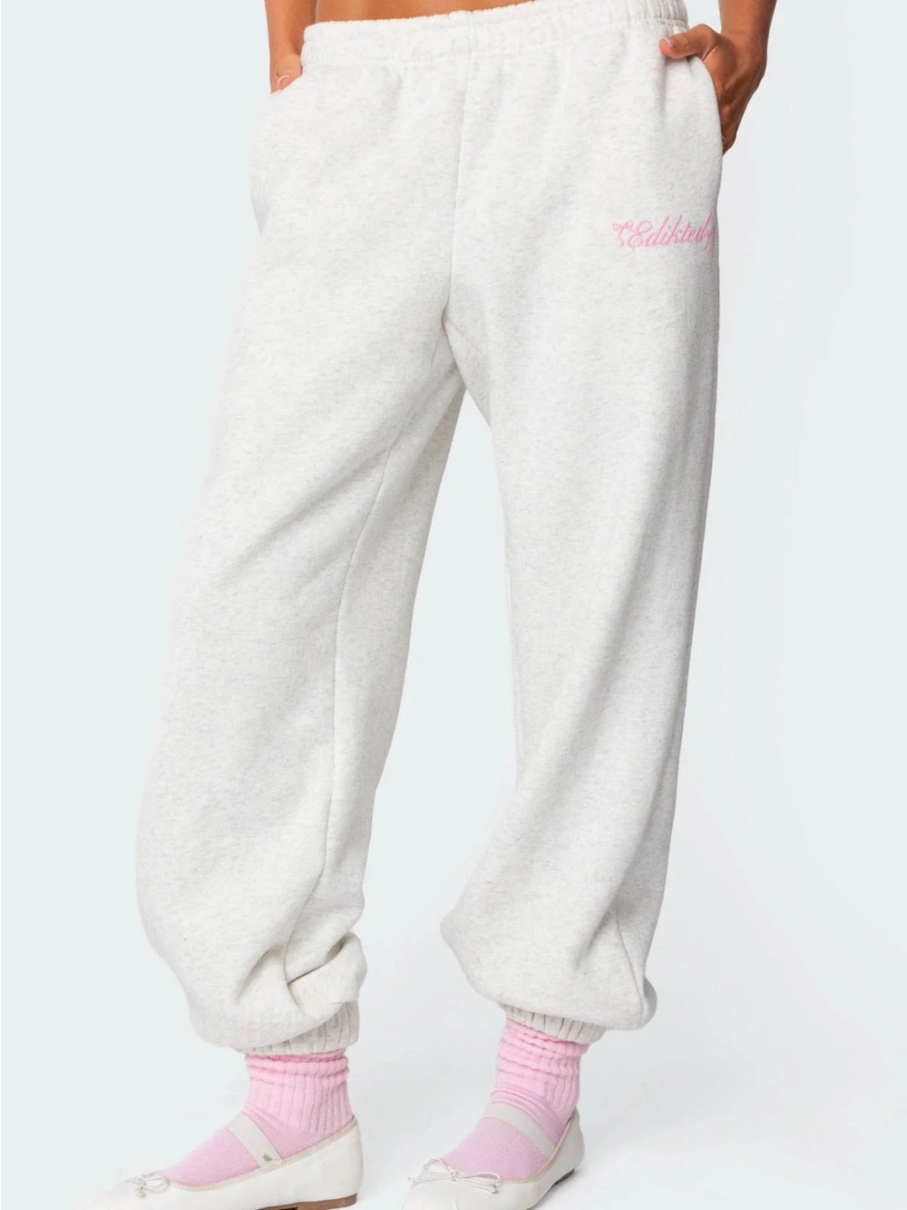 Edikted Cream Joggers with Pink Script Logo